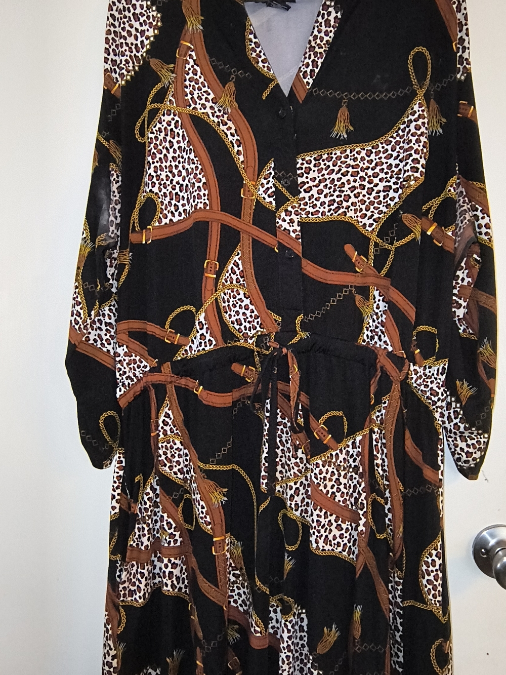 Black & Brown Chain-Print Drawstring Waist Maxi Dress